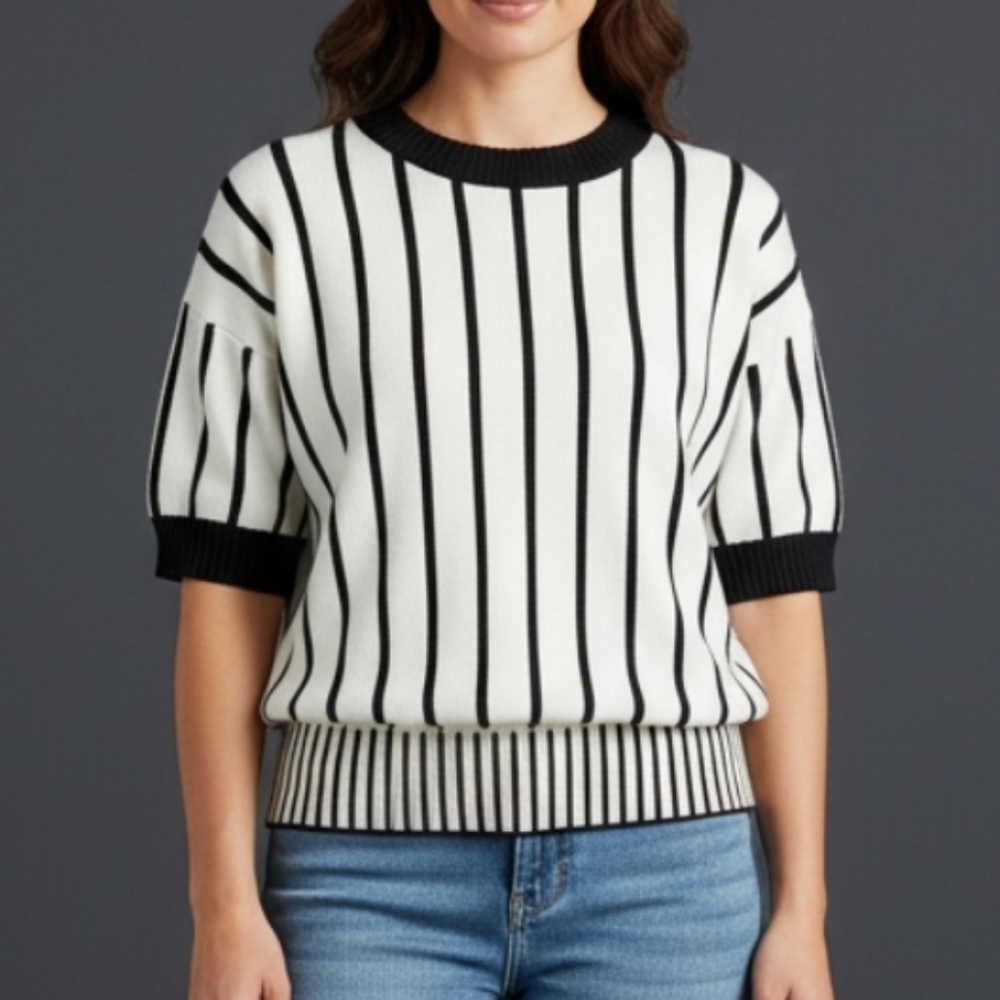 PHILOSOPHY Vertical Striped Black and White Blouson Short Sleeve Sweater Top - Picture 1 of 8